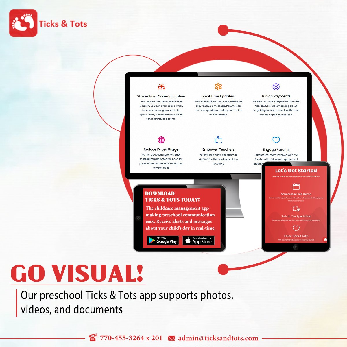 Going visual with our Ticks and Tots app makes your time save easily, which now supports photos and videos, documents.

For more information Contact:  (770)-455-3264
Register at:
ticksandtots.com/register/
.
#TicksandTots #Software #ParentTeacherSoftware #App #DayCare #PreSchool