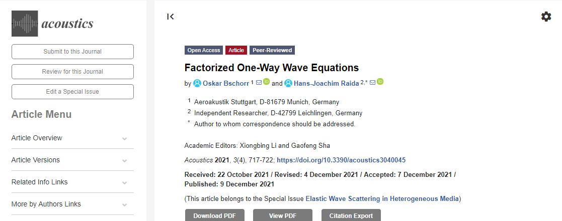 Acoustics_MDPI's tweet photo. Factorized One-Way #Wave #Equations

by Oskar Bschorr and Hans-Joachim Raida

#Acoustics 2021, 3(4), 717-722; https://t.co/K3k9ldg11U

#onewaywave #twowaywave #factorization #impulseflow #inhomogeneousmedium #bendingwave #electromagneticwave https://t.co/Eitv6mzdRH