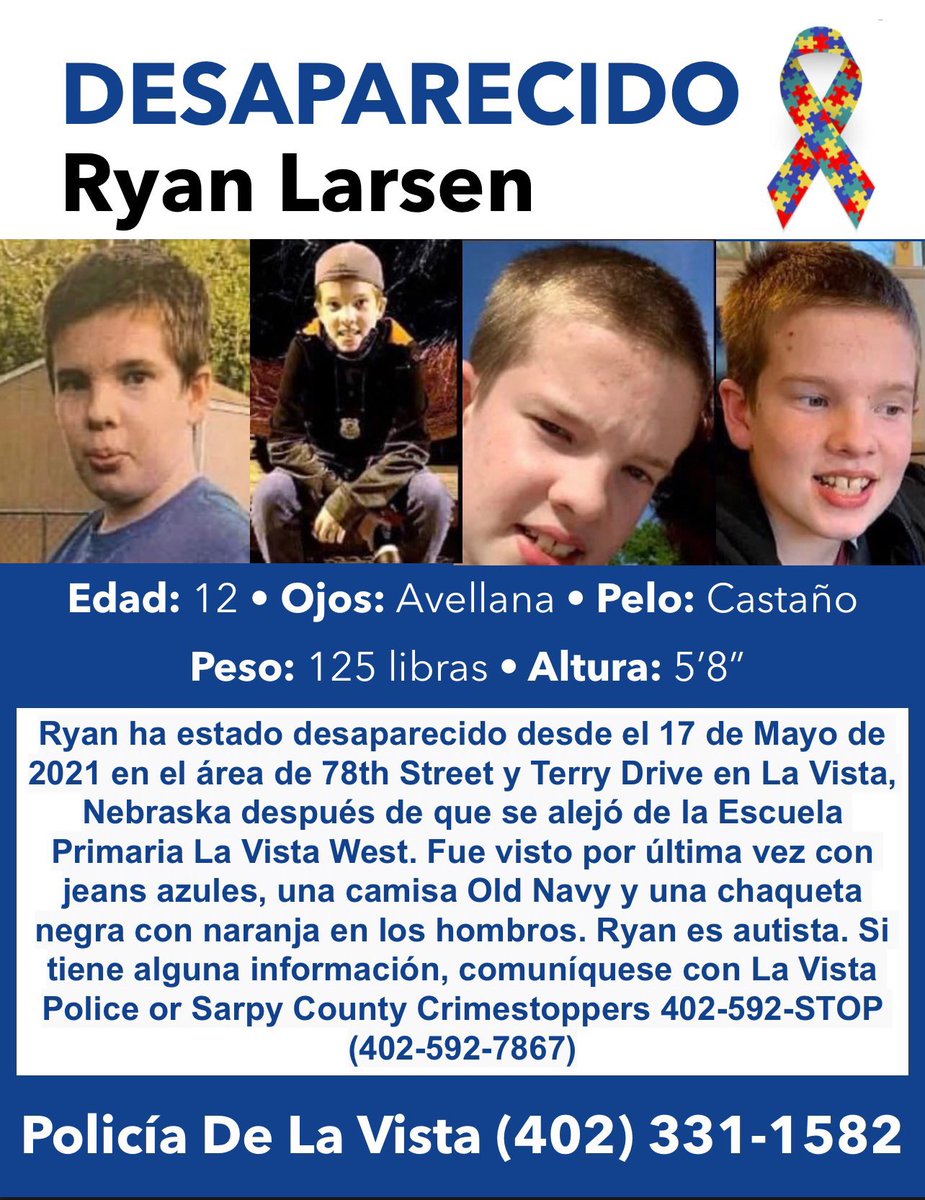 BoyMom_BeachGaL's tweet photo. This story breaks my heart! This 12 year old boy with Autism has been missing for 7 months! Please RT to help find Ryan Larsen! ππ§©π
#FindRyanLarsen
@wowtv6news
@ketv
@3newsnowomaha
@FOX42KPTM
@owhnews
@JournalStarNews
@autismspeaks
@nationalautism
@autismsociety https://t.co/rLeQl5xy5M