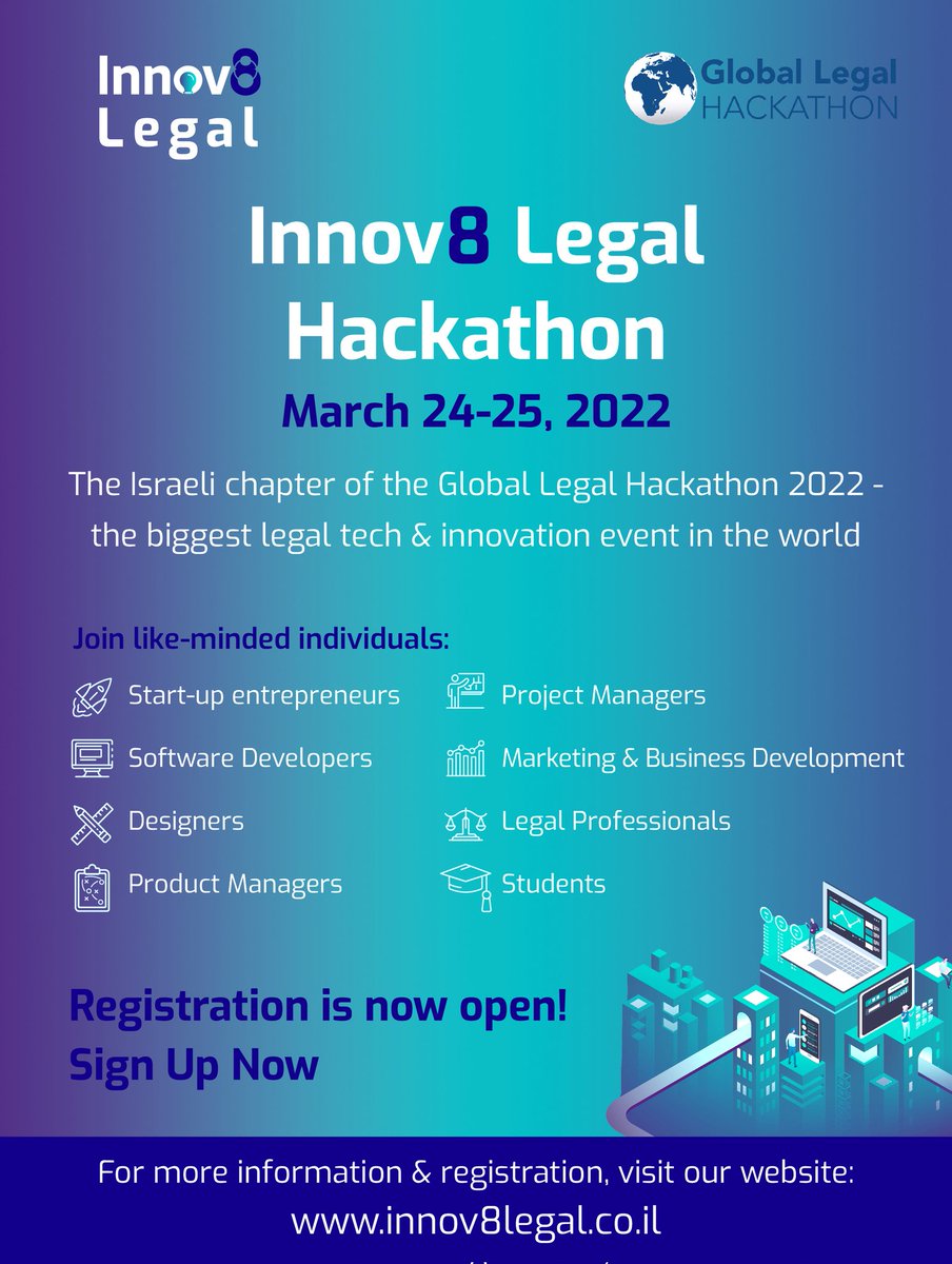 Are you a #LegalTech enthusiast? 
<a href="/Innov8Legal/">Innov8Legal</a> is proud to host Innov8 Legal Hackathon - #Israeli 🇮🇱 chapter of <a href="/worldhackathon/">Global Legal Hackathon 🌍🌏🌎</a>🌎#GLH2022 - biggest legal tech &amp; innovation event in the world!🚀⚖️
March 24-25, 2022
Register: innov8legal.co.il
#Innov8Legal | #legalinnovation