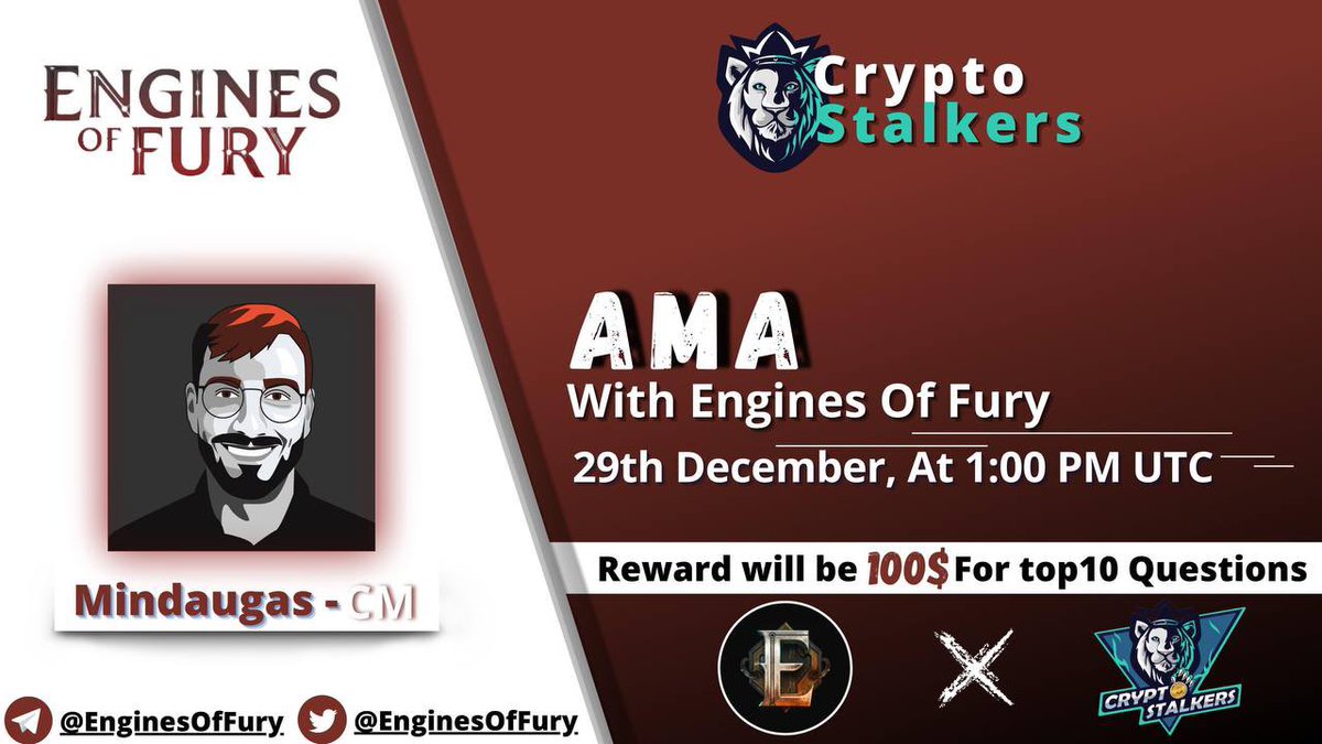 Zain_Onchain's tweet photo. 📢 We're thrilled to announce our next #AMA with @EnginesOfFury on 29th Dec at 1:00 PM UTC

💰 Reward Pool: 100$
📍 Venue: https://t.co/4koyOUms1v
〽️ Rules:
✅ Follow @StalkersCrypto &amp; @EnginesOfFury 
✅ Like &amp; Retweet
✅ Comment Questions &amp; Tag 3 Friends with BEP20 address https://t.co/BHCt23Dx80