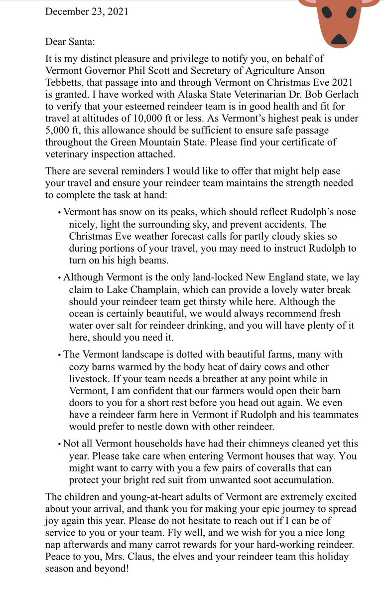 anson_ag's tweet photo. #BREAKING 🎅 Santa secures permits from @VTAgencyofAg to fly & deliver gifts 🎁 with reindeer. SEE details by #Vt State Vet Dr. Haas. “The children & young-at-heart adults of Vermont are extremely excited about your arrival…to spread joy again this year” MORE:👇#vtlightstheway🎅 https://t.co/joYkE41QfW