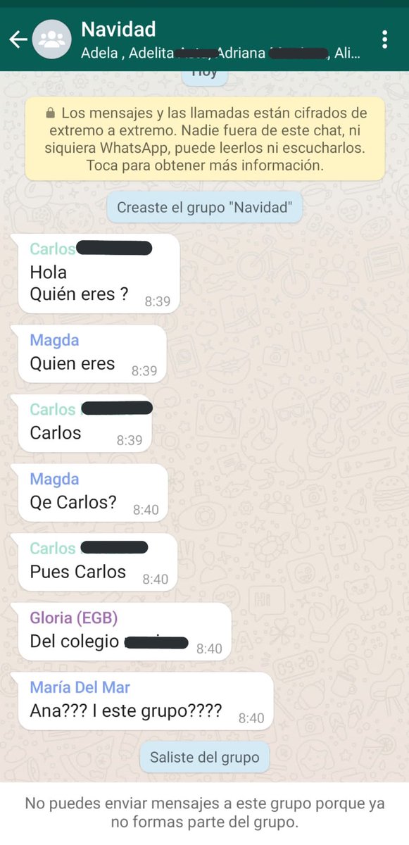 Mi madre quería hacer un difundido felicitando las fiestas y se ha confundido y ha creado un grupo de 121 personas. Al darse cuenta, se ha asustado y ha salido del grupo. Ahora hay 121 desconocidos hablando entre ellos y mi madre no puede hacer nada. Simplemente épico.