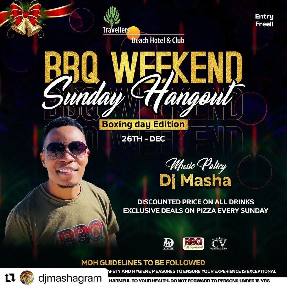 #Repost @djmashakenya with @make_repost ・・・ Boxing Day at the beachside. 🏝🏝Come through @travellersbhc and have an amazing Barbecue Experience. ♨️🍗 Entry is Free!! ⛱ #BarbecueWeekend #Events254 #254fashion #254publicity #IgersKenya #MagicalKenya #TembeaKenya #Weekend