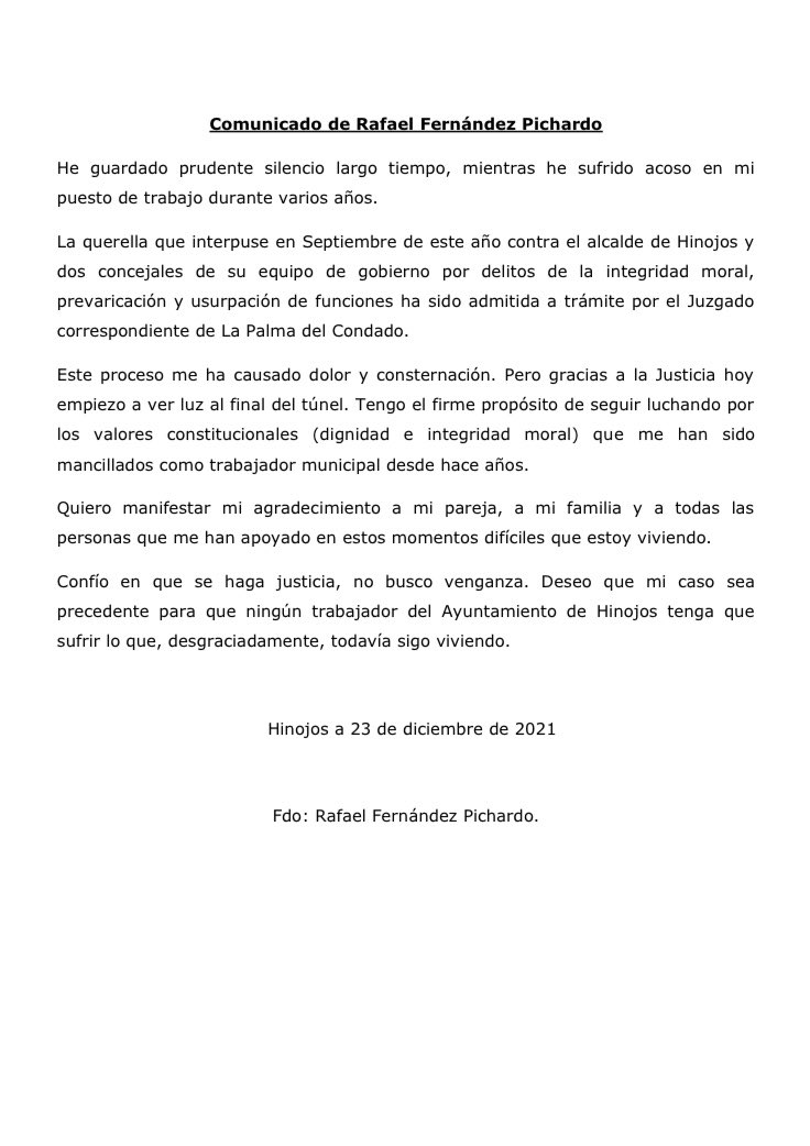 Dado que el proceso judicial de la querella que he interpuesto se ha publicado en distintos medios de comunicación, me gustaría compartir con vosotros el siguiente comunicado.