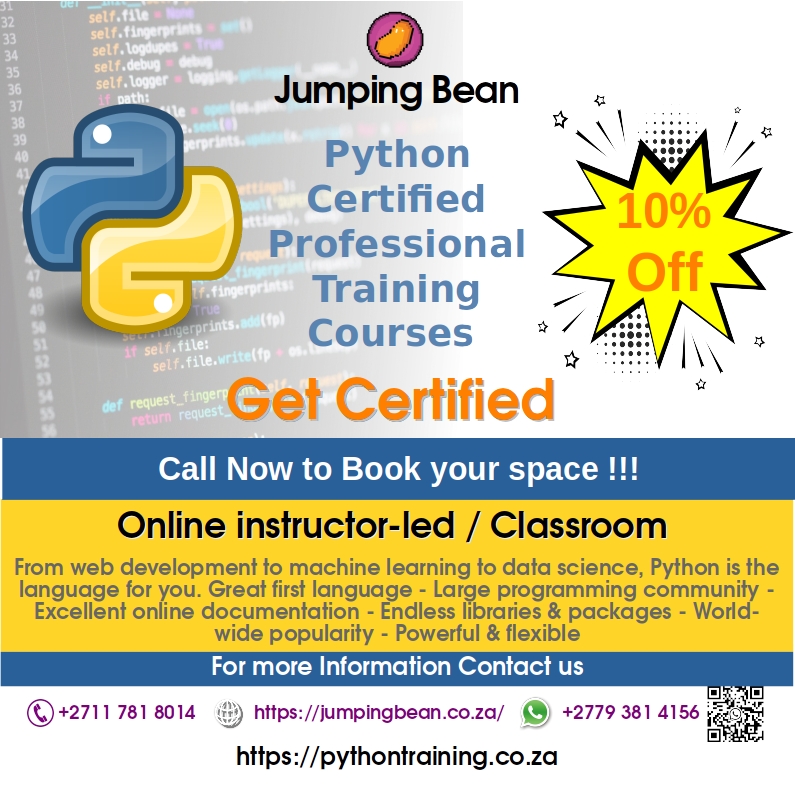 jumpingbeansa's tweet image. Python Training. 🎓🎓Get Certified.
pythontraining.co.za
Telephone+27 11 781 8014
Call us to Enrol for 2022:
email:support@jumpingbean.co.za
#PythonCertificationTraining #PythonProgrammer #pythontrining #python