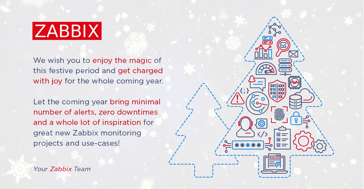zabbix's tweet photo. Dear #ZabbixCommunity!
Another year has passed. We've all done an excellent job, and now it's time to relax and have fun. Thank you for spending this year with us! Happy Holidays!
❄️🎄 Your Zabbix Team 🎄❄️ https://t.co/QdVZhfNBjp