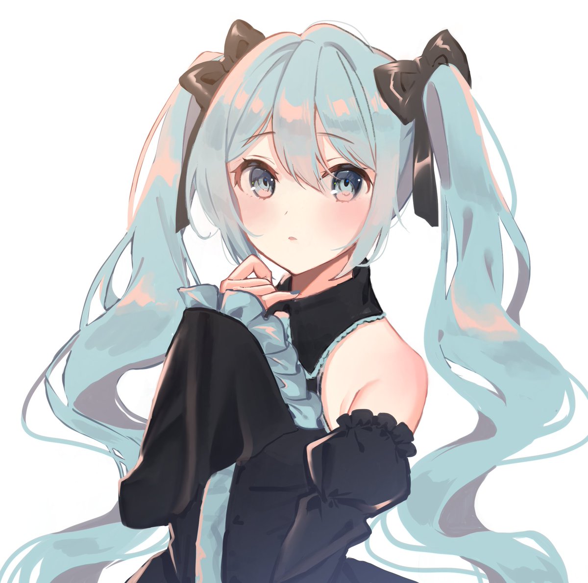 hatsune miku 1girl solo twintails long hair detached sleeves white background black sleeves  illustration images