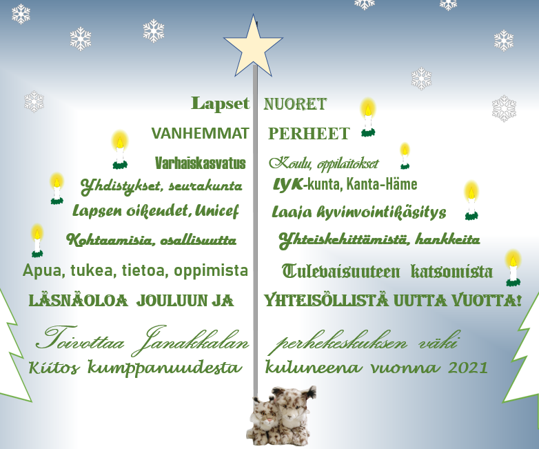 Joulupuu on rakennettu, joulu on jo ovella... 
Perhekeskuksen joulupuun vankat oksat ovat perheet, perhekeskuksen väki, yhteistyökumppanit sekä yhdessä tekeminen. Yhdessä kannattelemme valoa.
Joulurauhaa ja myötätuntoista vuotta 2022 kaikkialle!