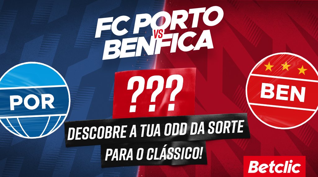 Dia de Clássico na Taça! FC Porto e Benfica jogam esta noite e se a tua odd da sorte se realizar, ficas habilitado ao sorteio de 10€ em Freebets para 10 pessoas!

- Dá RT
- Comenta com #ClássicoBetclic + Username Betclic

1 comentário por utilizador.
Passatempo termina às 20h40