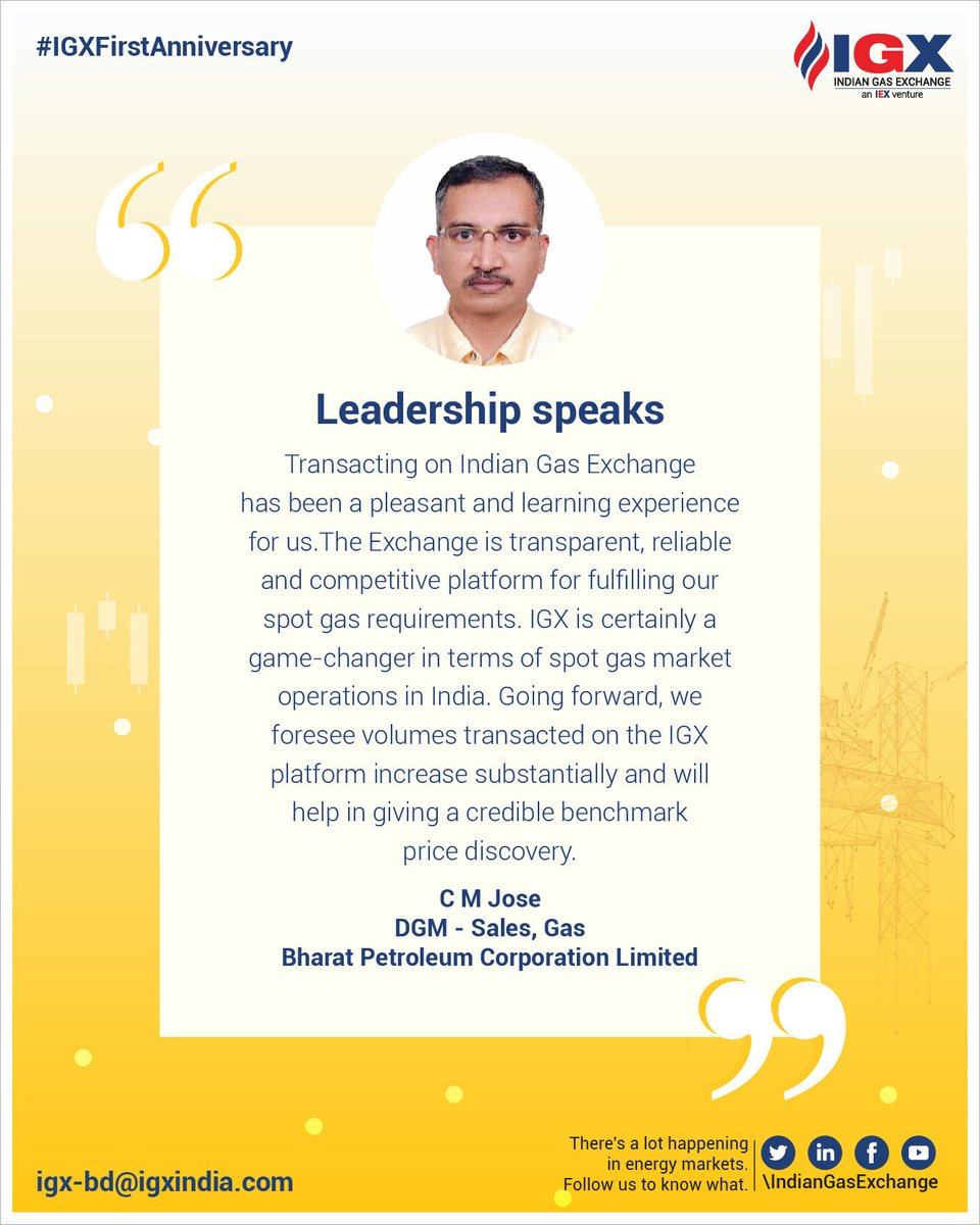 Mr. C M Jose, DGM – Sales (Gas), Bharat Petroleum Corporation Limited speaks how, with values such as transparency, reliability and competitive prices, IGX is helping companies fulfill their spot gas requirements. #IndianGasExchange #IGXFirstAnniversary #GasMarkets #LNG