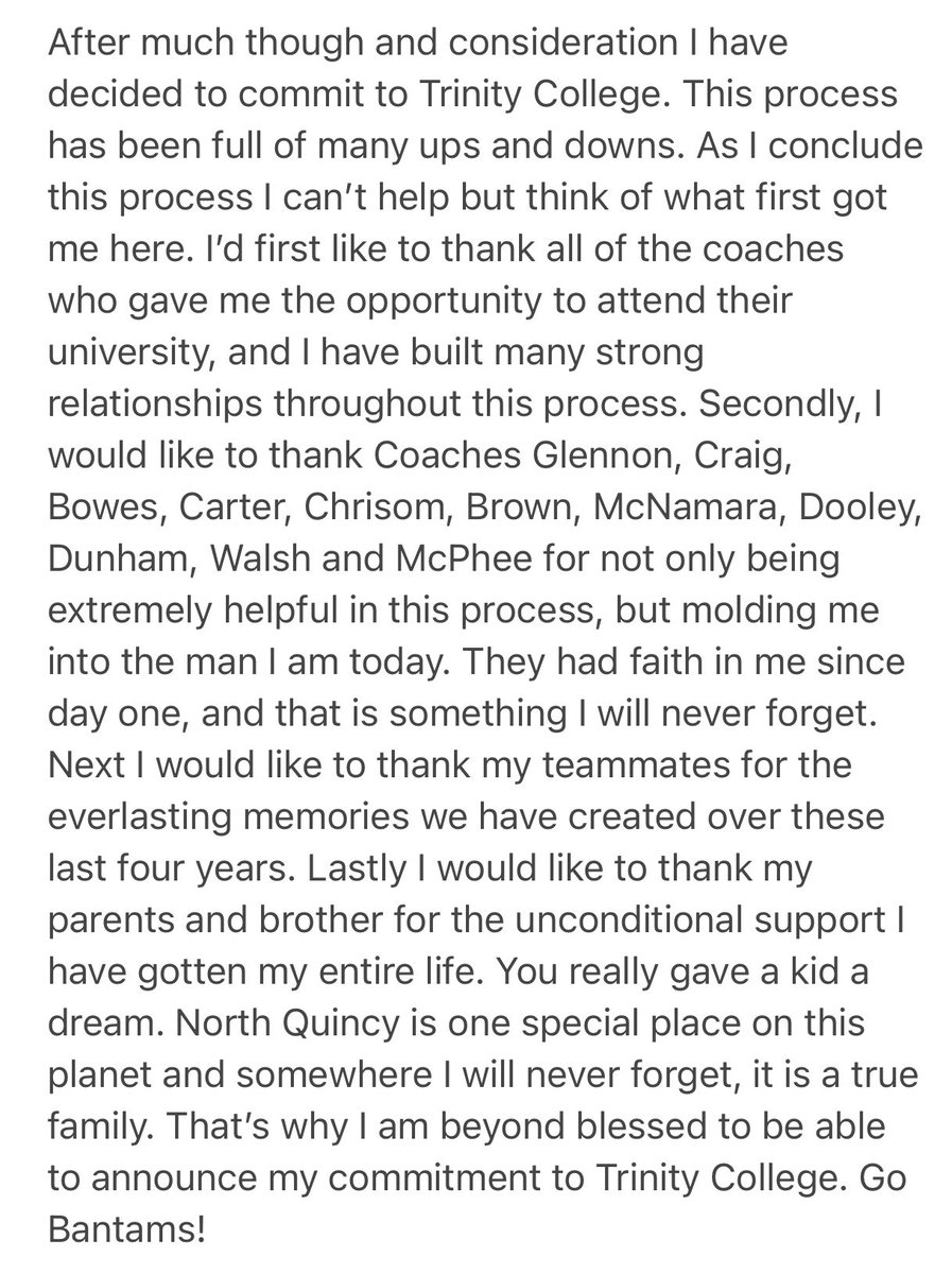 I am beyond proud to announce that I will be continuing my academic and athletic career by committing to the admissions process with Trinity College. <a href="/CoachDevanney/">Jeff Devanney</a> <a href="/coachmelnitsky/">Mark Melnitsky</a> <a href="/TrinCollFB/">Trinity College Football</a> <a href="/NQFootball/">North Quincy HS (MA) Football</a> #Committed #Raider4Life