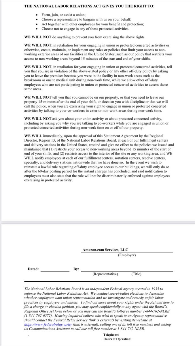 🧵<a href="/amazon/">Amazon</a> has been forced by <a href="/NLRB/">NLRB</a> <a href="/NLRBGC/">NLRB General Counsel</a> to enter into a National Settlement with <a href="/amazonlabor/">Amazon Labor Union IBT</a>. This is the largest settlement since the enactment of the National Labor Relations Act. Approximately, 1.5 million  Amazon employees will receive a copy of this attached labor order.