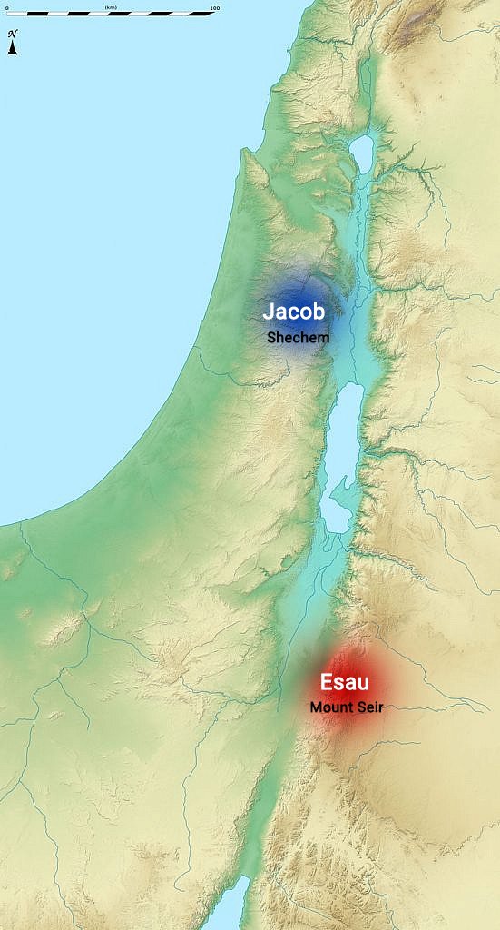 214) So what's the problem... They reconciled. Jacob moves to Shechem and Esau settled near Mount Seir (Edom), just South of the Dead Sea—Modern day Petra.(I made a map for perspective... Below)Why all the bad blood? The details of which are found in the Book of Jasher.