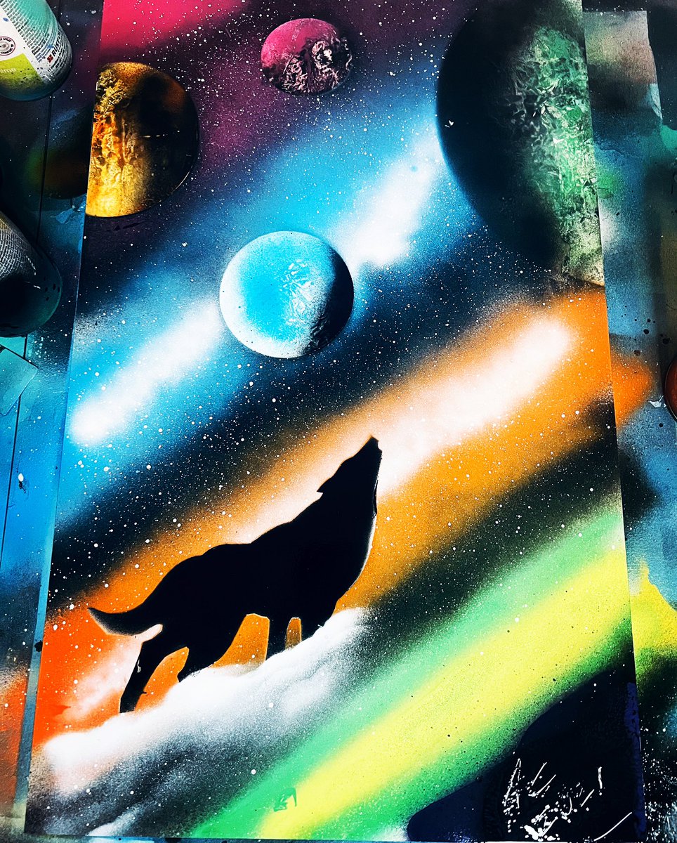 ACGRAPHICS3's tweet photo. Wolf galaxy painting #spraypaintart #spraypainting #artwork #foryoupage #paintings #wolfpainting https://t.co/8SCBDtE1i1