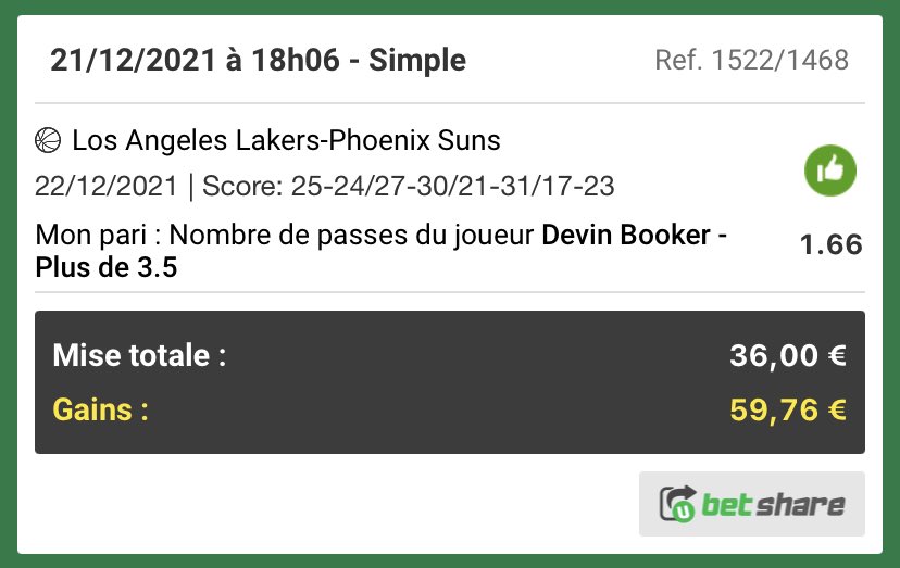 SknurtBetting's tweet photo. 🎅🏻 Montante Validée ! | #Concours 🎁

Passer de 20 à 100€ en 3 étapes ↓

1️⃣ Green +7,5 passes @ 1,80 ✅
2️⃣ Booker +3,5 passes @ 1,66 ✅
3️⃣ Middleton 20 points @ 1,70 ✅

🏦 2 x 10€ à gagner sur ce tweet 🤝

➔ RT &amp; FAV + Follow @SknurtBetting

#TeamParieur #NBA #NBATwitter https://t.co/FCditJPTwh