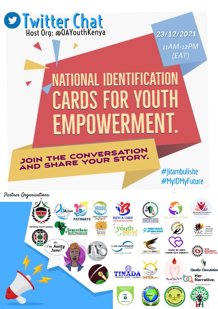 Oayouthkenya's tweet photo. Don't miss out on this conversation today as from 11:00 a.m-12:00p.m. Join us and share your story.
#Jitambulishe 
#MyIDMyFuture 
@TinadaOrg @NYC_YouthVoice @MySpaceAlliance @raise_community @AkamranLucy @Leaders4Impact @WaweruJackline @UHAKINAUSAWAOR1 @josephmacharia0 https://t.co/hvzI08znzu