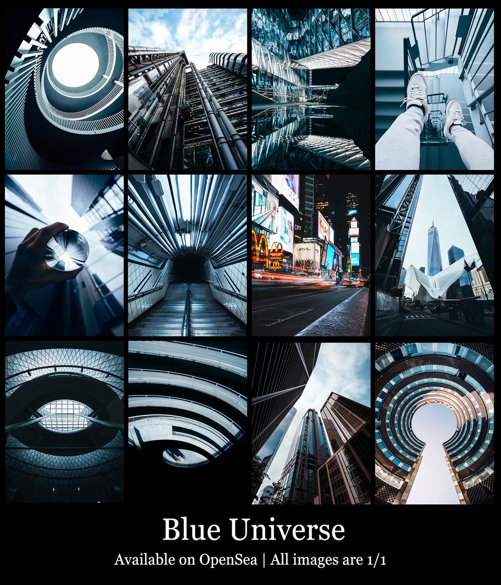 My new « BLUE UNIVERSE » Collection is NOW LIVE !
So proud to present you my new exclusive collection combining architecture, strange reflections and blue colors 💙

All images are 1/1. 

Collection available here ⬇️
opensea.io/collection/blu…