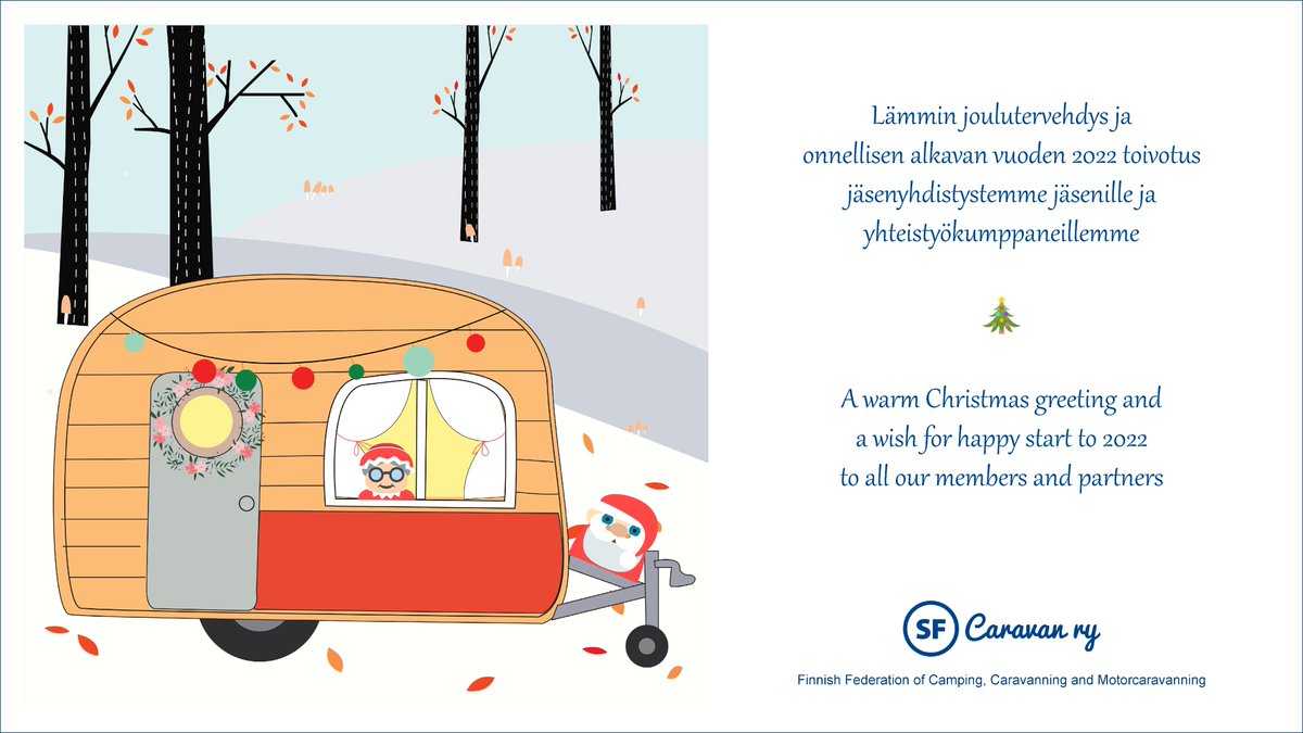 Hyvää Joulua #karavaanarit!🎄
SF-Caravan ry:n toimiston henkilökunta ei ole tavoitettavissa joulun ja loppiaisen aikaan 22.12.2021 - 7.1.2022. Verkkosivuston karavaanarit.fi palvelut toimivat normaalisti 24 h/vrk.
