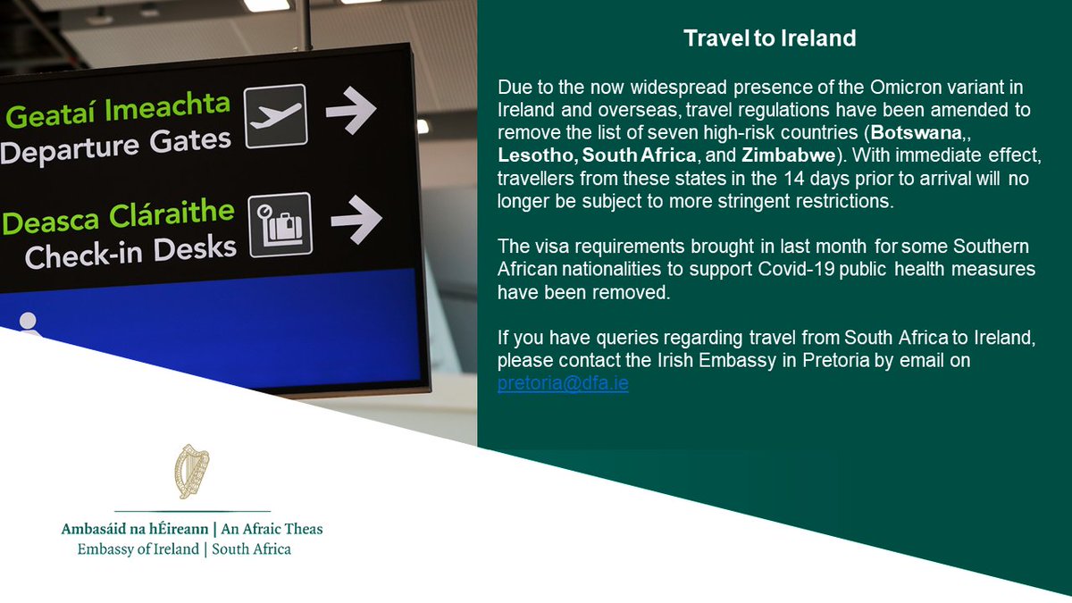 Restrictions for incoming travellers with a travel history from 🇧🇼 🇱🇸 🇿🇦 🇿🇼 have been removed with immediate effect. 

Visa requirements brought in last month for some Southern African nationalities to support Covid-19 public health measures in Ireland have also been removed.