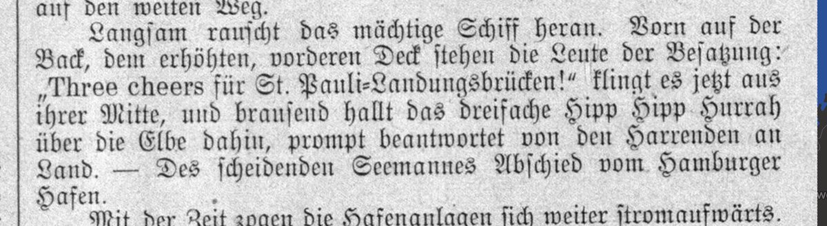 chronohh's tweet photo. »Langsam rauscht das mächtige Schiff heran. Vorn auf der Back … stehen die Leute der Besatzung: „Three Cheers for St. Pauli-Landungsbrücken!“ klingt es jetzt aus ihrer Mitte, und brausend hallt das dreifache Hipp Hipp Hurrah über die Elbe dahin, … 
⚓️@DSM_Nordkirche https://t.co/zhOXsxDFfA