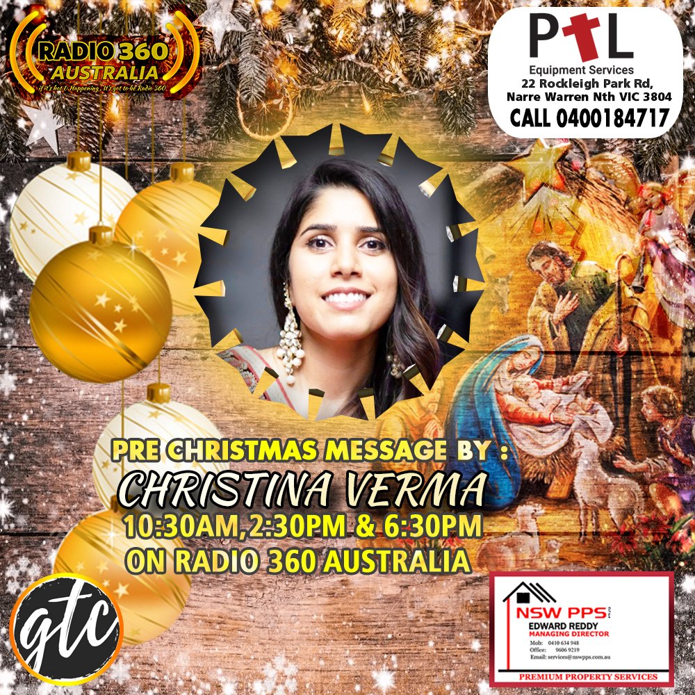24th December - Pre Christmas Message by #GladTidingsChurch - Youth Leader #ChristineVerma 
Tune in worldwide to listen !!