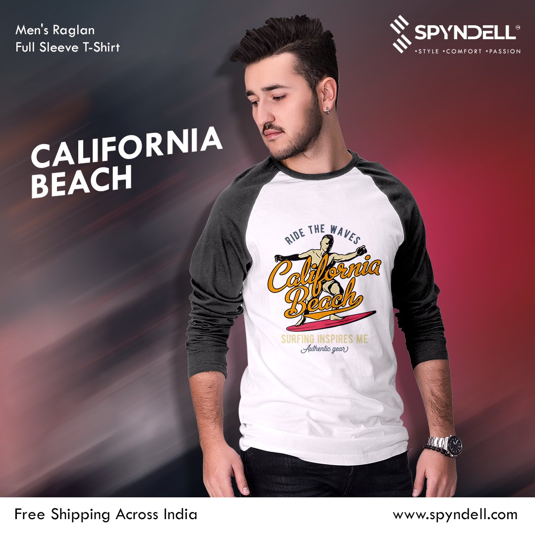spyndell's tweet photo. Ride the cool waves of fashion in this ‘California Beach’ Men’s Raglan Full sleeve T-shirt. Make your fashion wear comfortable in this 100% Super Combed Cotton Printed Men’s Raglan Full sleeve T-shirt. Shop this and more at https://t.co/K8PasHDo9A, your new fashion destination! https://t.co/RUA2exhSz5