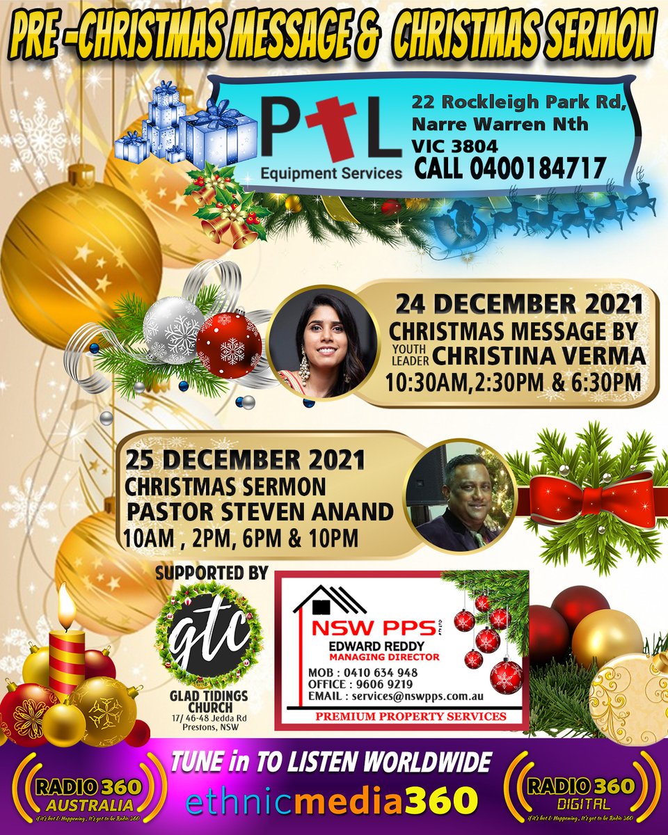Seasons Greetings ! 
On 24th December  tune in at 10:30am | Repeat at 2:30PM &amp; 6:30PM  by #ChristineVerma and Pastor Steven Anand   will deliver the Christmas sermon at 10am and Repeat 2pm | 6pm| and 10PM 
Tune into Radio via -  tunein.com/radio/Radio-36…