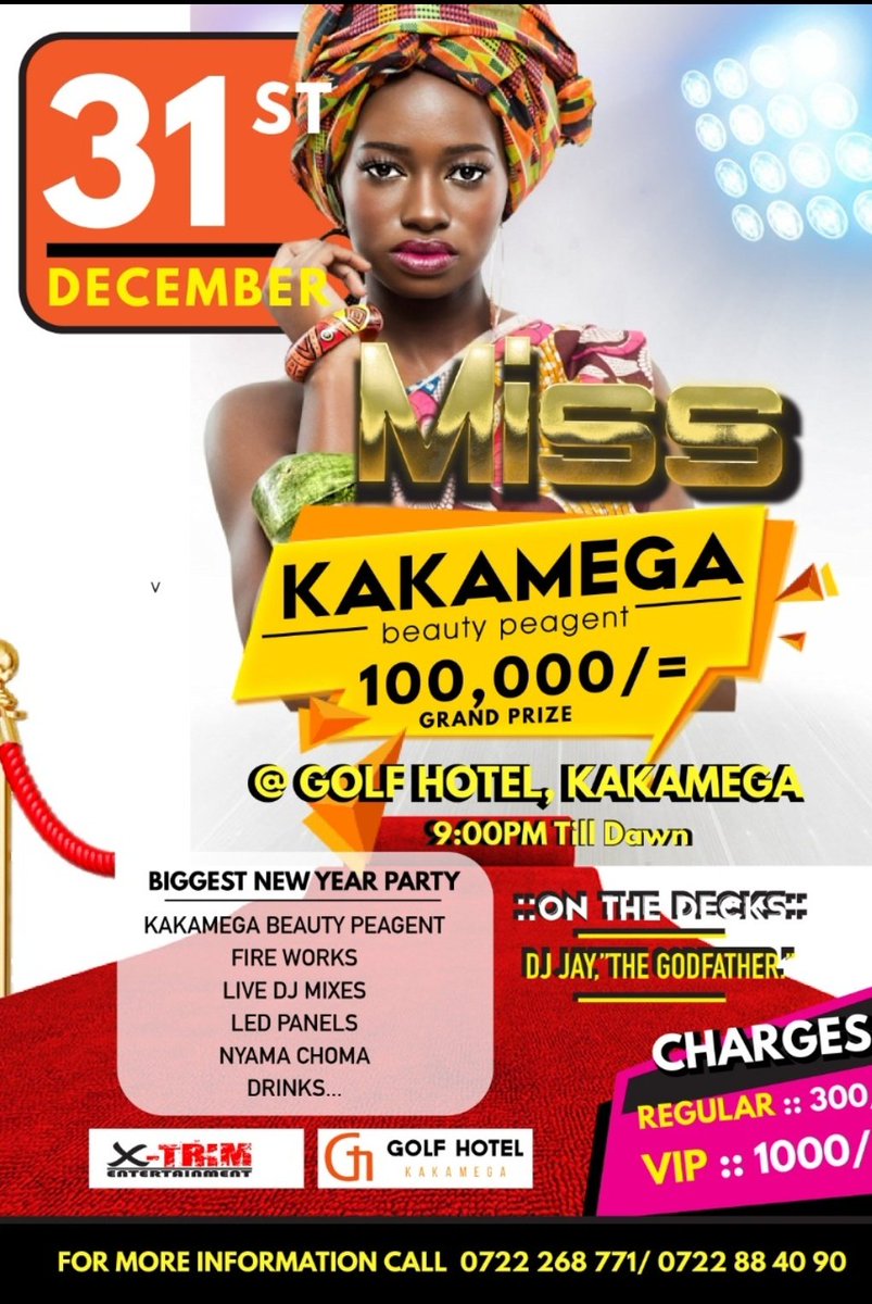 Mark your calendars this December to one of the biggest new year party in town,miss Kakamega Beauty peagent with  a grand price of 100000 See you there😎

#golfhotelkakamega