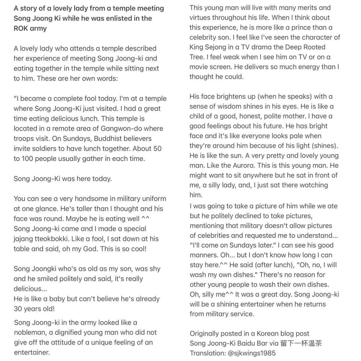 KiAileNYC's tweet photo. I read this a while ago but found a fan shared this again from baidu bar. Such a sweet memory! The fan wrote, Joongki's manners show his good upbringing 💙

A story of a mom, who has a son same age as Joongki, met him in a temple when he was enlisted in the army...

#SongJoongKi https://t.co/iE5CAKxIqI