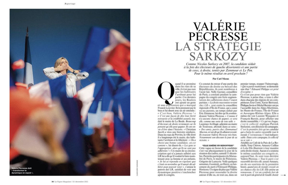 Photo de <a href="/vpecresse/">Valérie Pécresse</a> sur une mer de drapeaux français lors de son premier meeting de campagne, pour illustrer l'article de <a href="/CarlMeeus/">Carl Meeus</a> dans le <a href="/FigaroMagazine_/">Le Figaro Magazine</a> cette semaine.