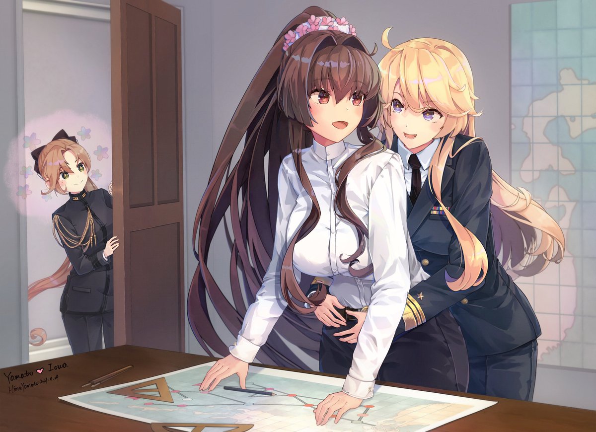 iowa (kancolle) ,yamato (kancolle) multiple girls brown hair blonde hair 3girls star-shaped pupils ponytail long hair  illustration images