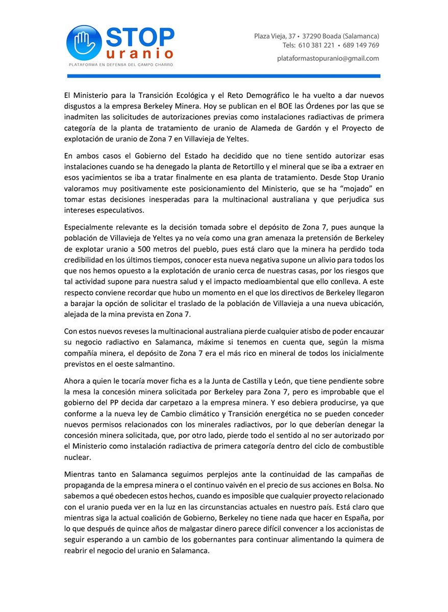 Nota d prensa👇👇👇

Nuevo varapalo para Berkeley Minera.

Tus proyectos no gustan, ni en la comarca, ni al Gobierno de España.

Berkeley minera del campo charro fuera...

💪💪💪👏👏👏👏👏👏