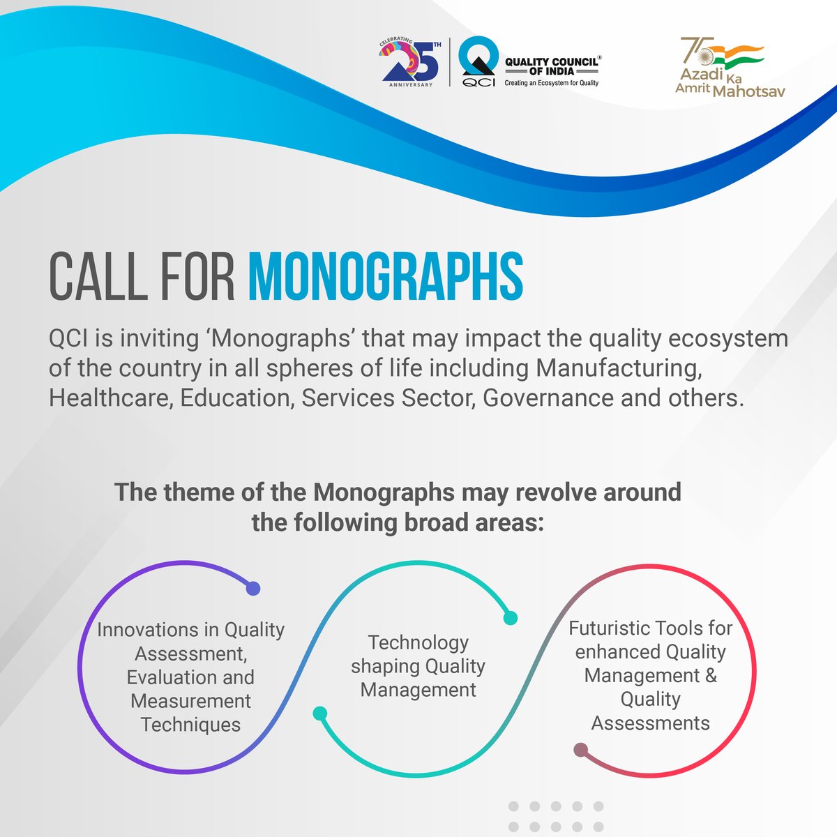 QualityCouncil's tweet photo. As QCI is going to celebrate its 25th Foundation Day, we're pleased to invite 'Monographs' that can impact the #QualityEcosystem of the country from all spheres of life. Hurry up! Apply by: January 16, 2022. #QualityMatters #QCITurns25 
Register here: https://t.co/uarP5tn4Vt https://t.co/Py4wrzVGXZ