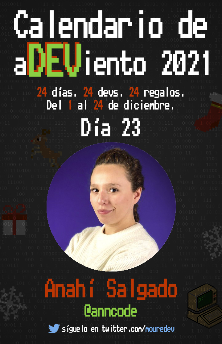 MoureDev's tweet image. 📢 Bienvenid@s al "calendario de aDEViento" 2021!
🗓 Día 23: Anahí Salgado es Android developer, Flutter fan, speaker y creadora de cursos desde 2011.
🎁 Nos regala su "Curso de Kotlin en Udemy"
 
🎟 Participa haciendo RT 🔁 y siguiéndola ✅ @anncode