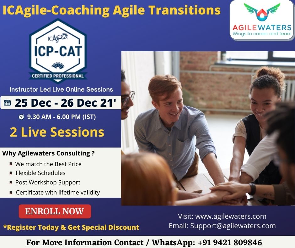 AgilewatersCo's tweet photo. Hurry Up, Book Your Seat Now!!

Join Us For ICAgile-Coaching Agile Transitions (ICP-CAT) Certification Online Training.
Registration: https://t.co/VYh3b36MnU
Or Contact / WhatsApp: +91 9421809846 
Or Visit: https://t.co/ylydrfhSeK

#agile #agilecoaching #agileprojectmanagement https://t.co/D2Byb3YeqR