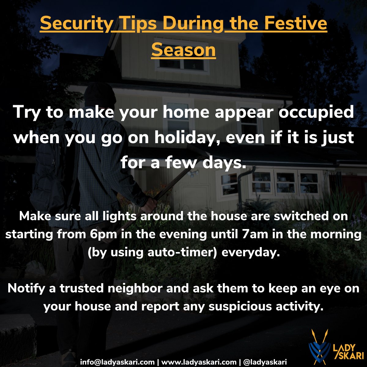 LadyAskari's tweet photo. As the festive season gets underway, it's important that you secure your home to avoid being targeted by burglars.
Here are some tips to keep in mind.
#securitytips #homesecurity #personalsafety #security #festivesecuritytips https://t.co/vlPAUZ8PlE