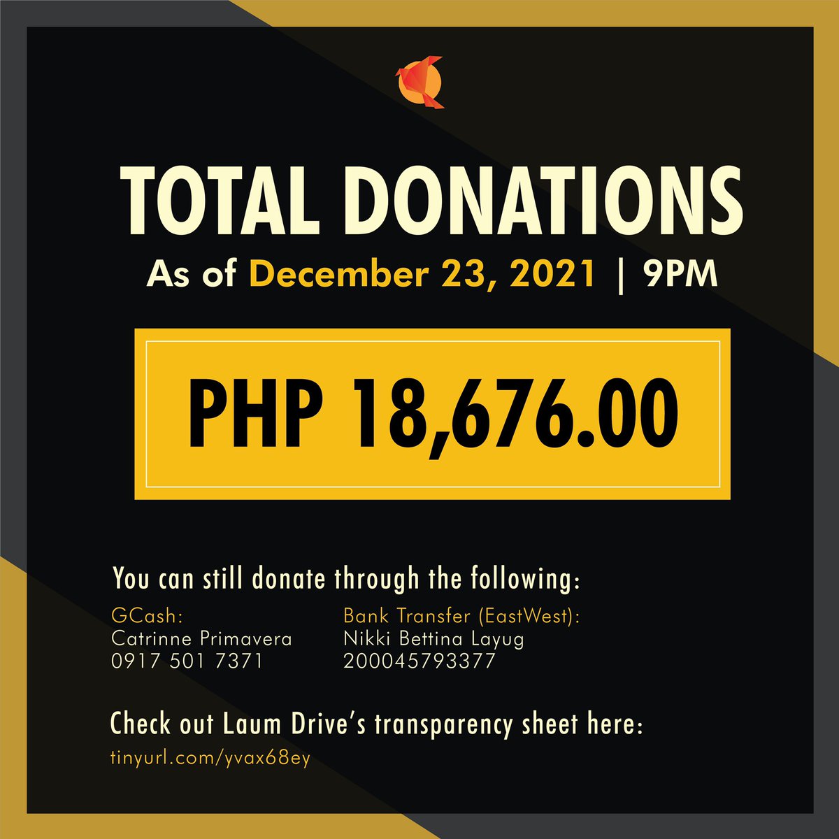 LaumDrive's tweet photo. #LaumDriveUpdate

Maupay nga gab-i, sangkay! As of 9:00 PM December 23, 2021, we have reached a total of ₱18,676 in cash donations. For transparency purposes, check out: https://t.co/uPxyFv8MLp

Padayon an pagbulig, kasangkayan! 🧡

#OdettePH
#BangonCebu
#BangonSouthernLeyte https://t.co/47g0HTTDMH