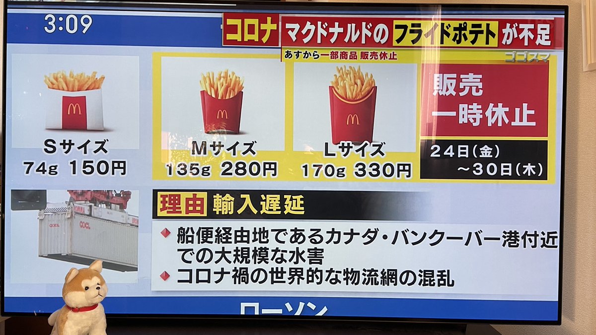 ONLYinJAPANtv's tweet photo. True story 🍟 McDonald’s Japan will have a French fry shortage from 12/24 to 12/30 because of disruptive supply chain cause by the pandemic, cargo ships from Vancouver, Canada to Japan. They’ll still serve small sized fries. #missingfries https://t.co/EIIgltG4hv