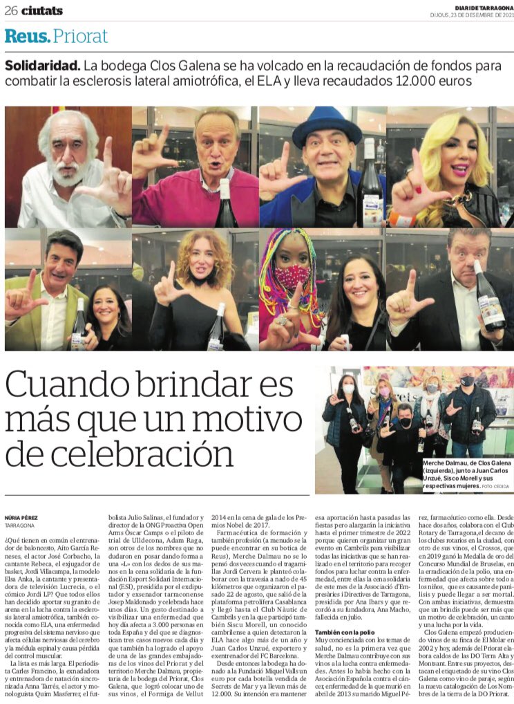 ClosGalena's tweet photo. ✍🏻 La periodista Núria Pérez ha escrit a @diaridtarragona l'article ‘Cuando brindar es más que un motivo de celebración’, fent referència a la iniciativa solidària de @ClosGalena, amb el vi #SecretsdeMar, en la lluita per la malaltia de l’ELA @fmiquelvalls. https://t.co/aEO1j1zsPm