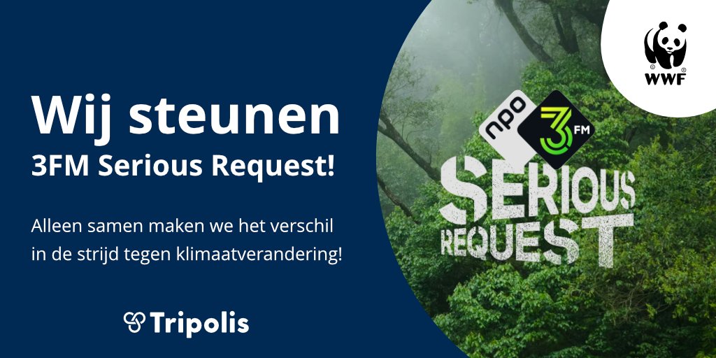 Tripolis werkt samen met mooie klanten en daar zijn we trots op! We werken dan ook graag mee aan hun mooie initiatieven.

Hoe tof is het dat onze klant <a href="/3FM/">3FM | We Want More!</a> zich ook dit jaar weer inzet voor een goed doel 🙌. 

Heb jij al gedoneerd🌎? wwf.nl/kom-in-actie/3…