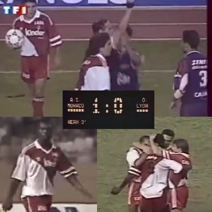juffier's tweet photo. Sublime maillot porté par Mister @GeorgeWeahOff lors de @AS_Monaco - Lyon en 1991/92🇲🇨 
Victoire 1/0 grâce à un but de…⚽️😉Pièce exceptionnelle avec sponsor @KinderFR 🍫 https://t.co/bQWo909N5p