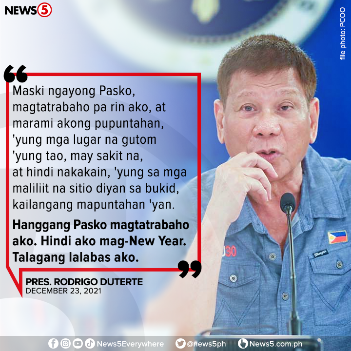 News5PH's tweet photo. "HANGGANG PASKO MAGTATRABAHO AKO. HINDI AKO MAG-NEW YEAR. TALAGANG LALABAS AKO."

Sa kaniyang pagbisita sa mga nasalanta ng bagyong #OdettePH sa Puerto Princesa, Palawan, sinabi ni Pres. Duterte na patuloy siyang bibisita sa mga lugar na sinalanta ng bagyong #OdettePH. https://t.co/Jf90Vbu5pZ