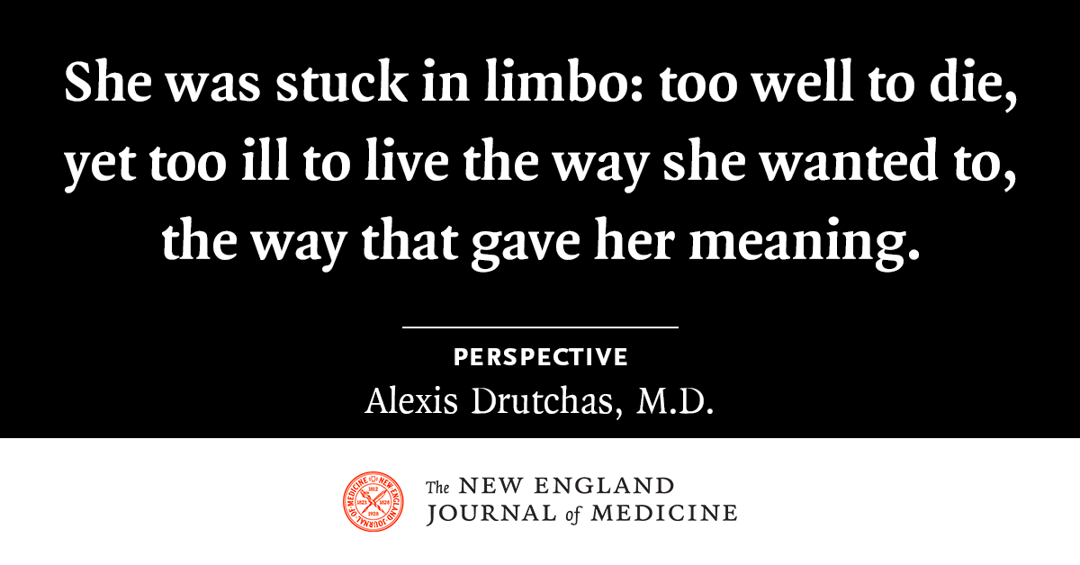 NEJM's tweet photo. After her grandmother attempts suicide, a physician finds that the medical team’s avoidance of honest conversation about her grandmother’s reality and desires creates a chasm between the clinicians and the family that is counterproductive and painful. https://t.co/txeHyxDJAa https://t.co/YDV2bmHzV1