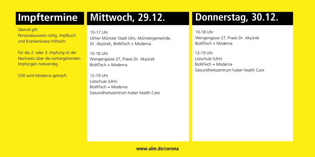 ulm_donau's tweet photo. Geimpft ins neue Jahr. Eine Übersicht des Impfangebots über die Jahreswende.
Diese Liste erhebt keinen Anspruch auf Vollständigkeit. #CoronaSchutzimpfung #BoosterImpfung https://t.co/y9RDcAtTvS