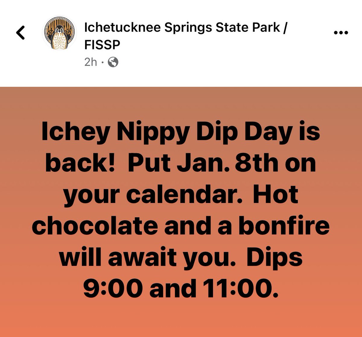 brookerbeach's tweet photo. Time for #ichetuckneeforest to take a dip!  
01.08.22 - 9:00 a.m. - 11:00 a.m., #officialdips at the north entrance!  #brrr @f_ichetucknee https://t.co/eAmE3KJGKa
