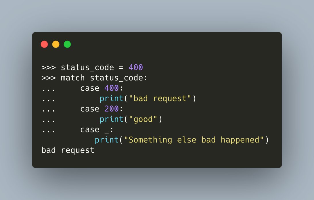 driscollis's tweet image. In case you missed it, starting in #Python 3.10, you can now use a case statement.
It's called Structural Pattern Matching. There's a good tutorial here: python.org/dev/peps/pep-0…