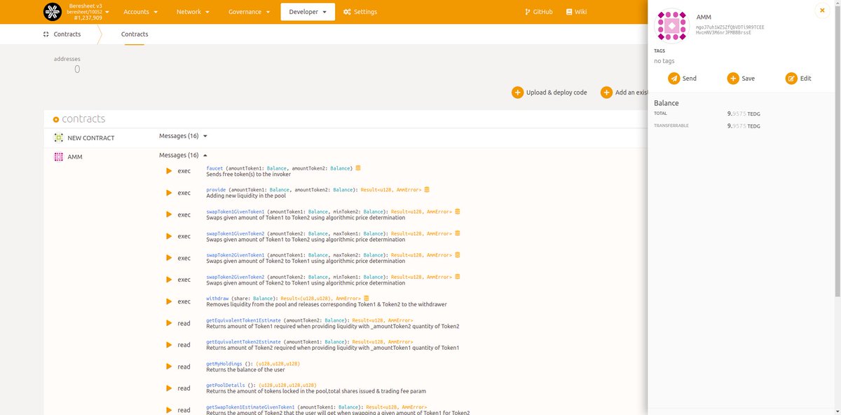 Sayan1308Kar's tweet photo. I just deployed a WASM contract on the Beresheet network. The contract is an AMM(Automated Market Maker) with features like provide, swap, and withdraw.
Contract address:- mgoJ7uh1WZSZfQbVDTi9R9TCEEHvcmNV3M6nrJPMBBBrssE
@HeyEdgeware @EDG_Developers https://t.co/Mes7VSescS
