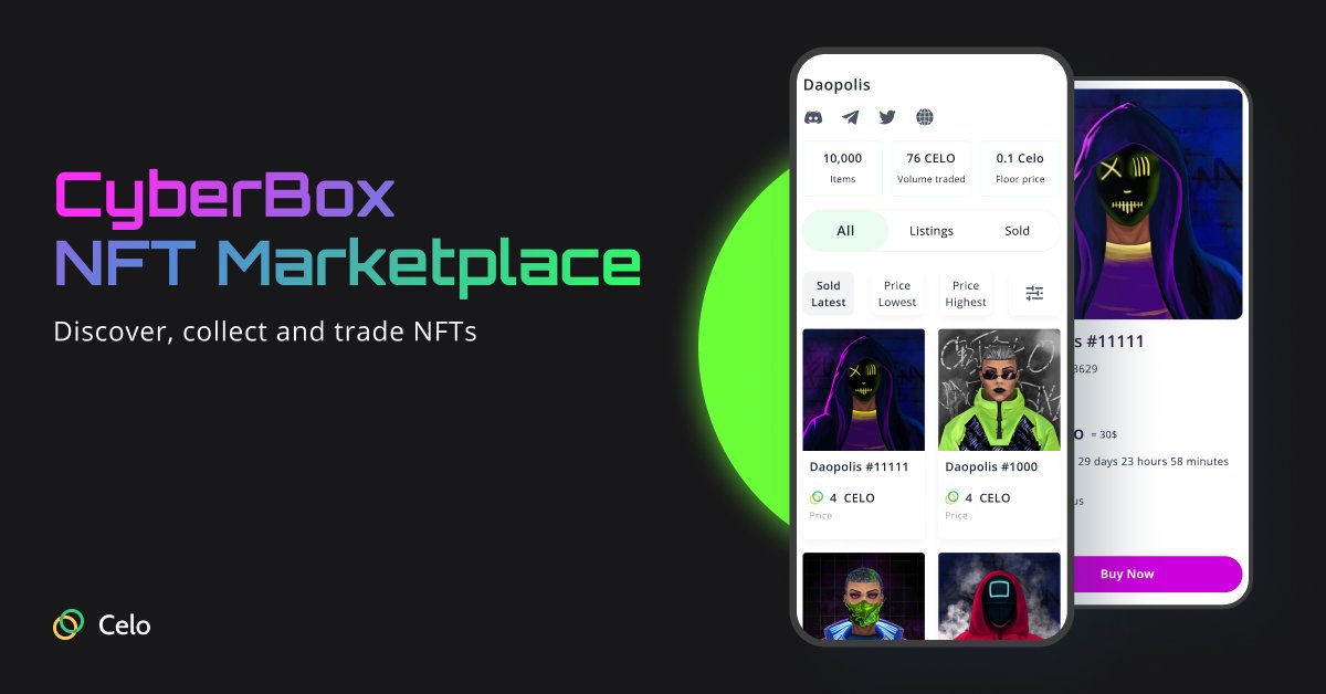's tweet image. Official announcement 🔥

We spent the last 1.5 months in hackathon mode...
And today we ready to launch CyberBox NFT Marketplace beta version at 17:00 UTC on #CELO

✅ Added collections:
@CeloPunks 
@c_ToadzOfficial 
@CeloShapesNFT 

We have prizes for TOP buyers and sellers! 🎁
