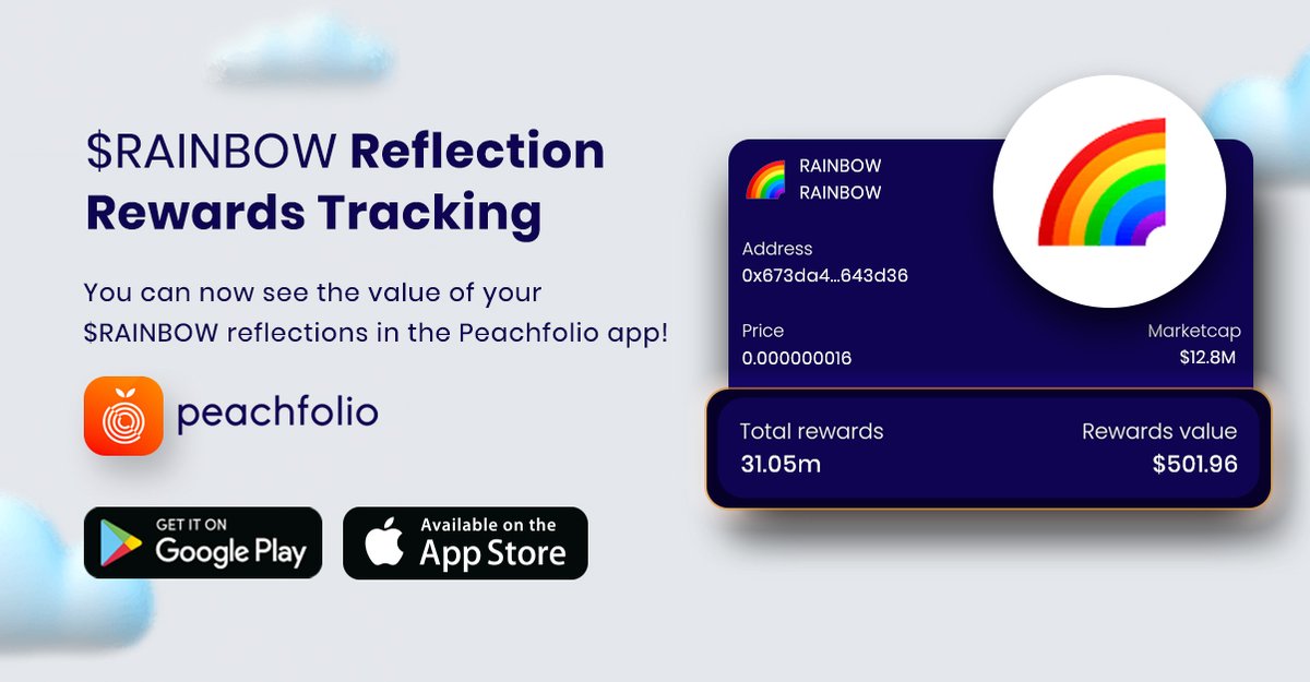 peachfolio's tweet photo. Reflections tracking for @rainbowtokenbsc 🌈 has now been enabled in the #peachfolio 🍑 app. #rainbowtoken was the winner of our big reflections competition!

Enjoy #rainbowarmy!

#bsc #defi #portfolio #tracking #eth https://t.co/KWhP5Q8jYe